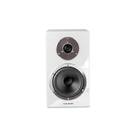 Gato Audio FM-15 Regallautsprecher Weiss Hochglanz Frontansicht mit Hochtöner und Tiefmitteltöner