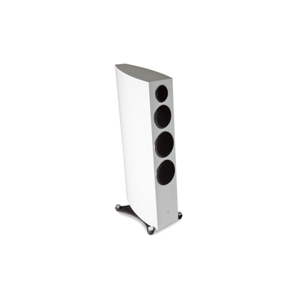 Gato Audio FM-50 Standlautsprecher Weiss Hochglanz Schrägansicht mit aufgesetzter Bespannung