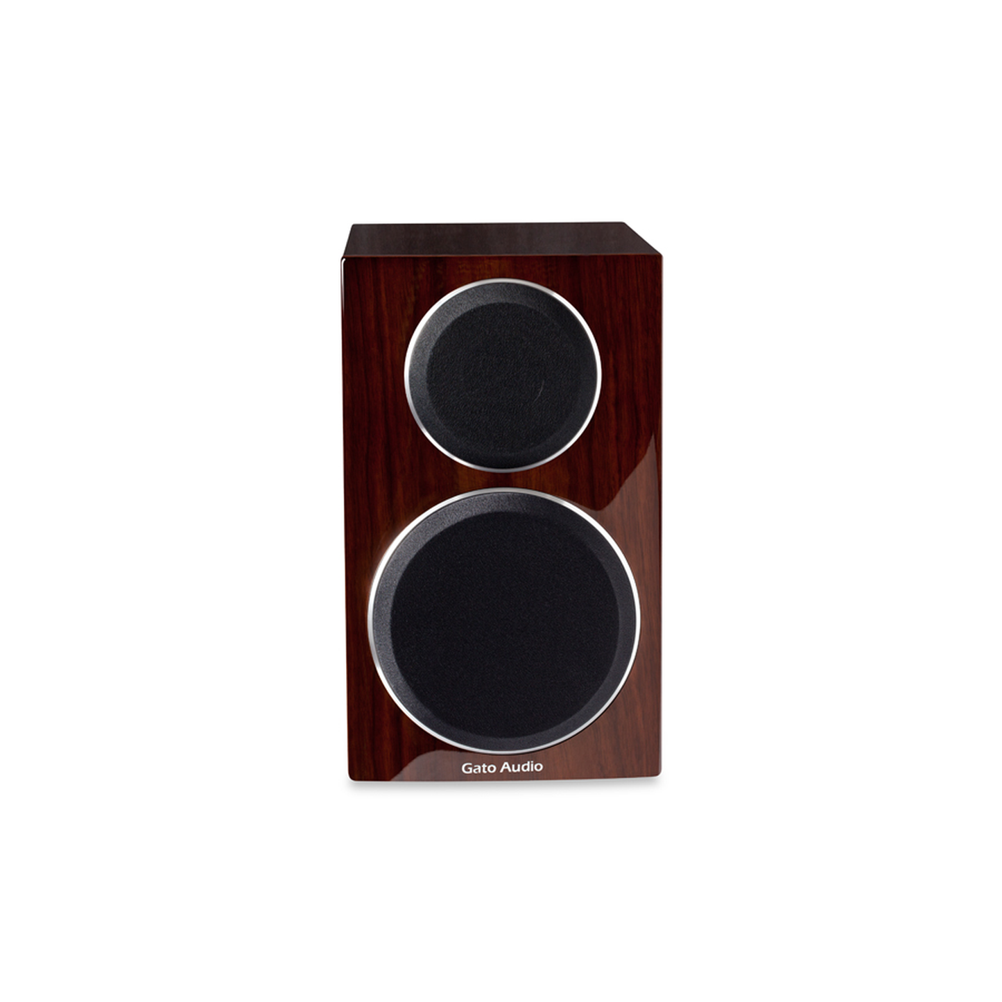 Gato Audio FM-8 Regallautsprecher Nussbaum Hochglanz mit magnetischer Stoffabdeckung Frontansicht