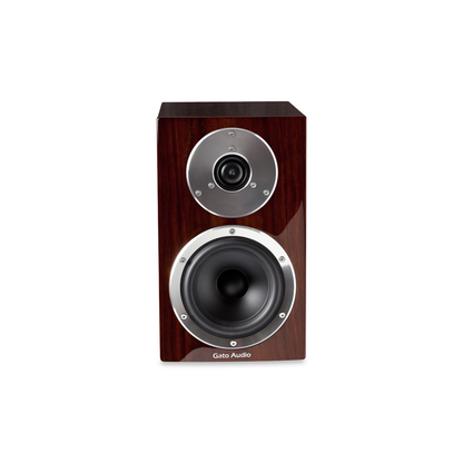Gato Audio FM-8 Regallautsprecher Nussbaum Hochglanz Ring-Radiator-Hochtöner und Tiefmitteltöner Frontansicht