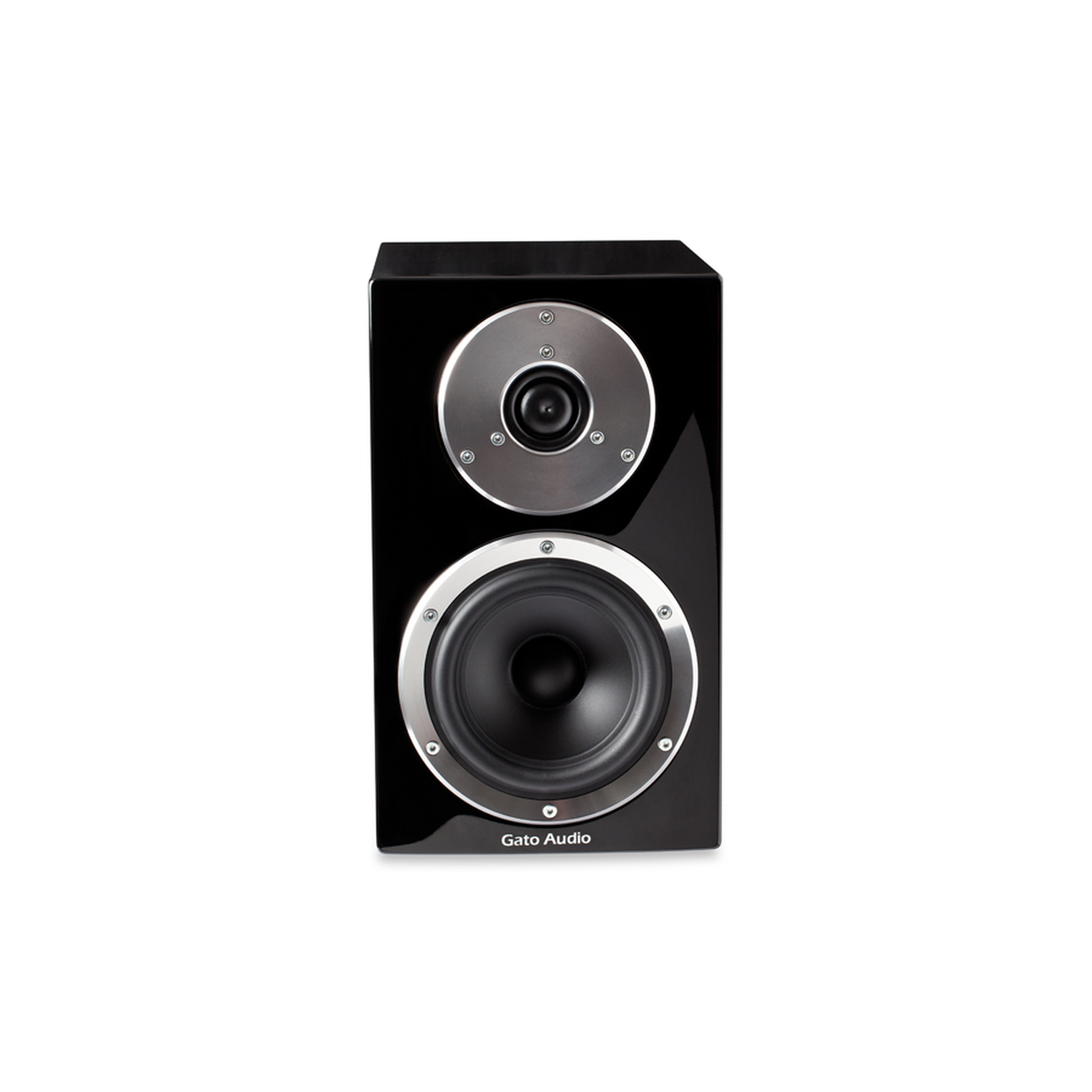 Gato Audio FM-8 Regallautsprecher Satin Black Ring-Radiator-Hochtöner und Tiefmitteltöner Frontansicht