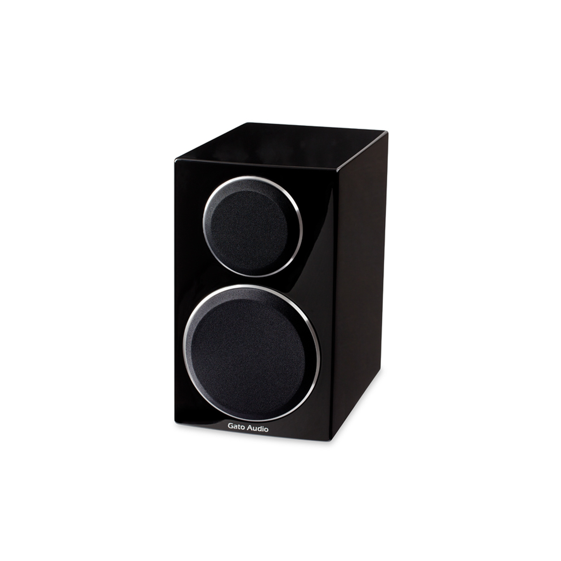 Gato Audio FM-8 Regallautsprecher Satin Black mit magnetischer Stoffabdeckung Schrägansicht