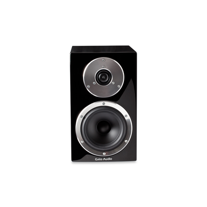 Gato Audio FM-8 Regallautsprecher Schwarz Hochglanz Ring-Radiator-Hochtöner und Tiefmitteltöner Frontansicht