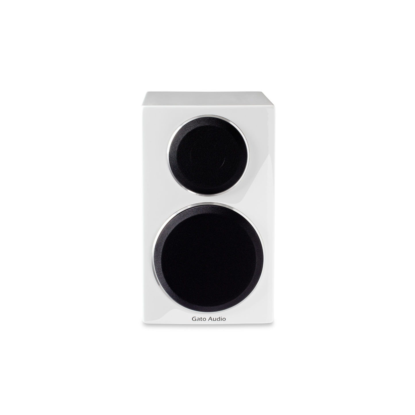 Gato Audio FM-8 Regallautsprecher Weiss Hochglanz mit magnetischer Stoffabdeckung Frontansicht