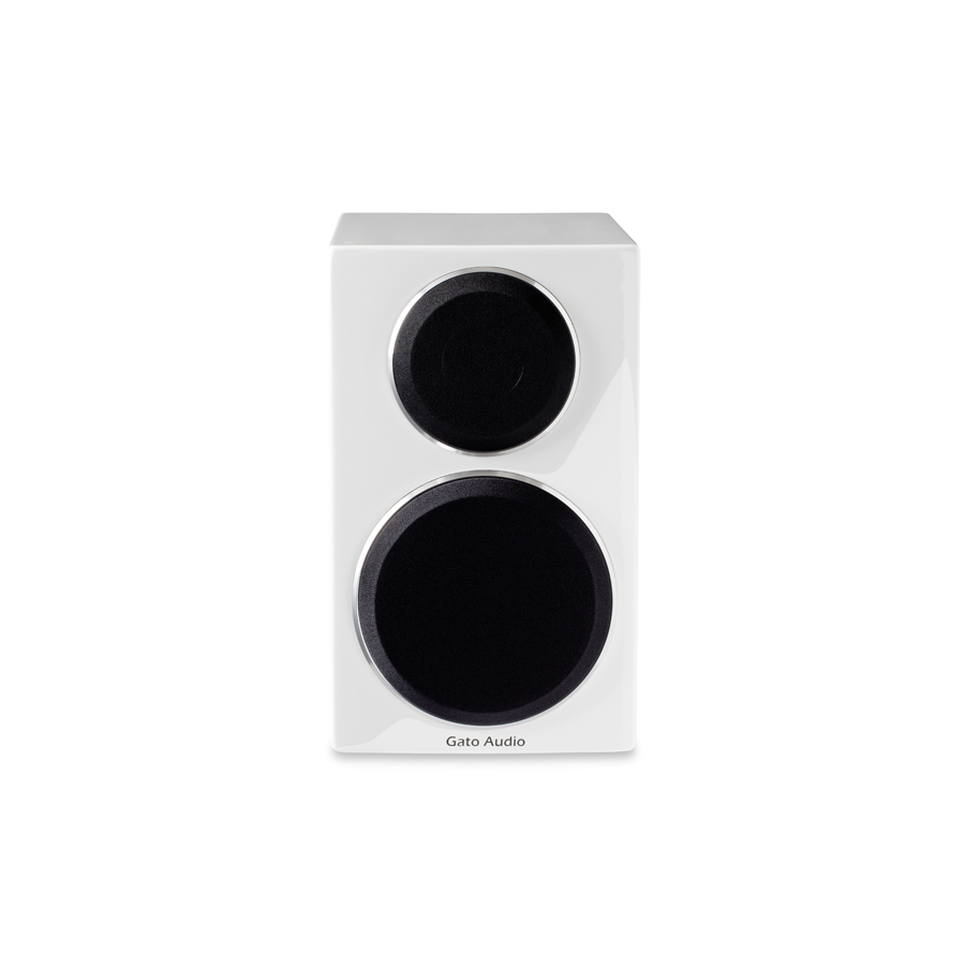 Gato Audio FM-8 Regallautsprecher Weiss Hochglanz mit magnetischer Stoffabdeckung Frontansicht