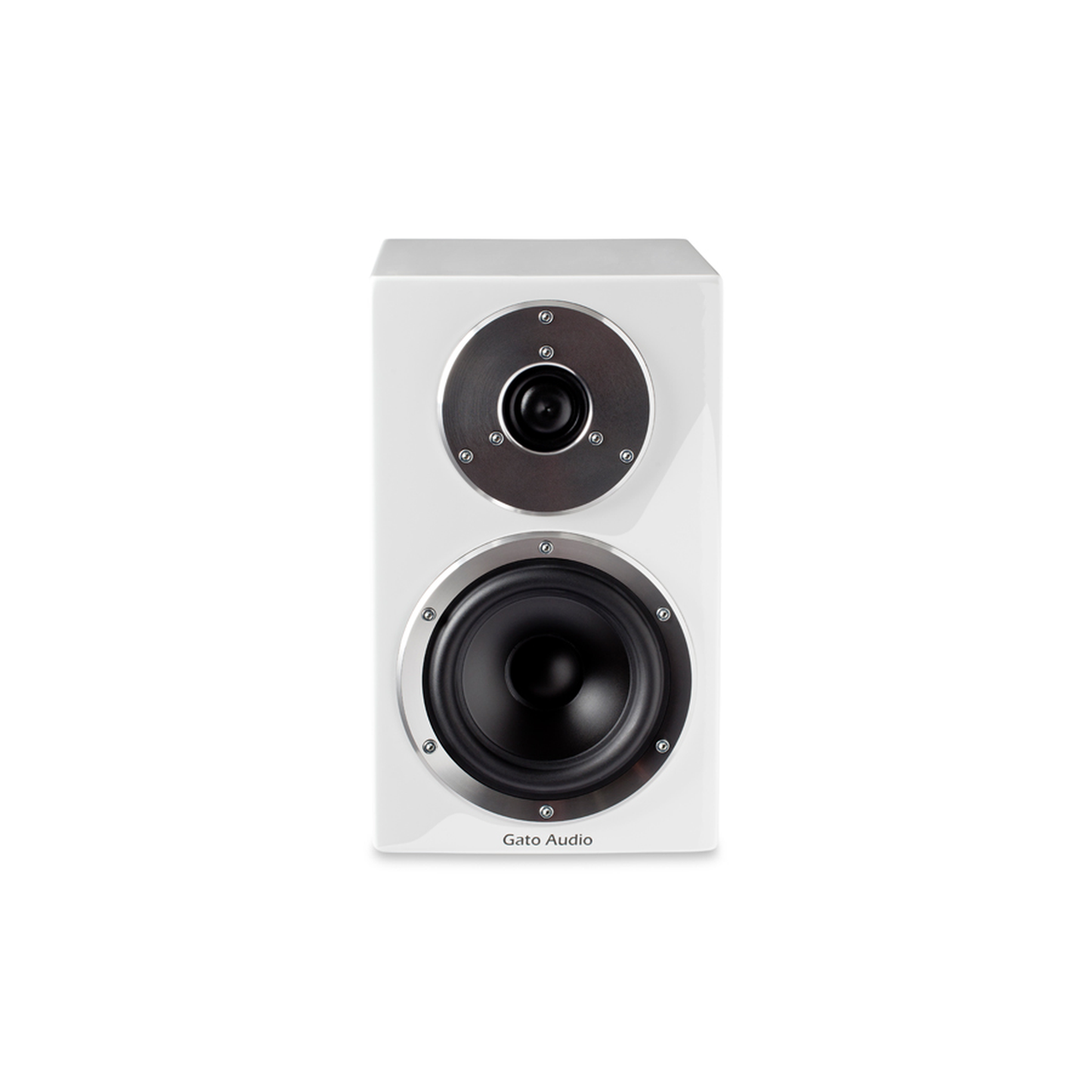 Gato Audio FM-8 Regallautsprecher Weiss Hochglanz Ring-Radiator-Hochtöner und Tiefmitteltöner Frontansicht