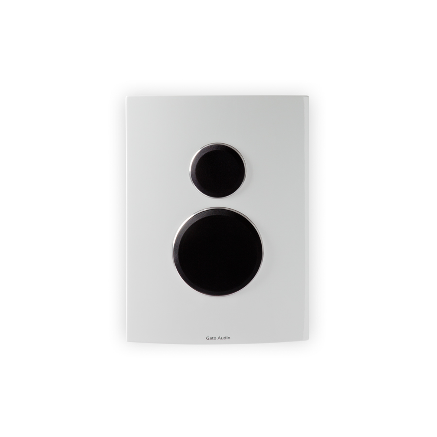 Gato Audio FM-9 On-Wall-Lautsprecher Weiss Hochglanz Frontansicht mit montierten Lautsprecherabdeckungen