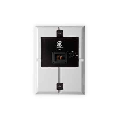 Gato Audio FM-9 On-Wall-Lautsprecher Weiss Hochglanz Rückansicht mit Wandhalterung und Anschlussklemmen