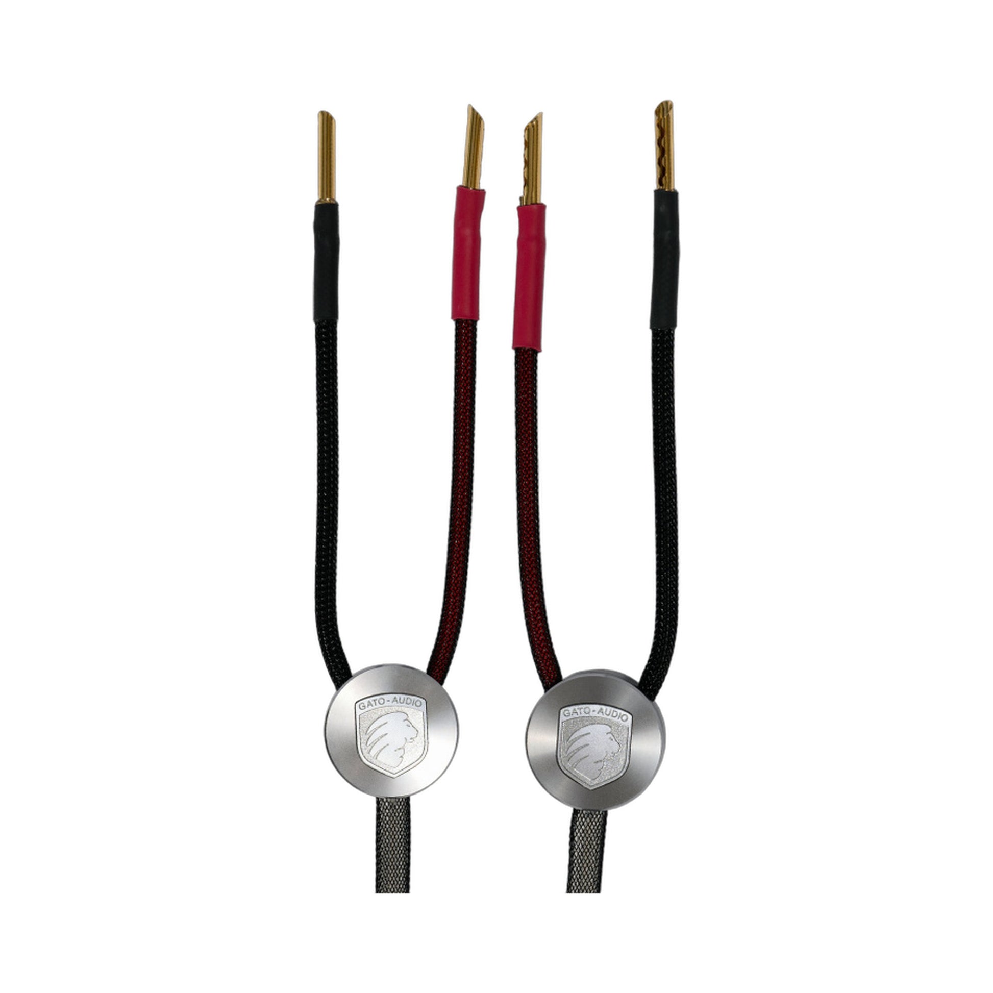 Gato Audio FTC White Lautsprecherkabel Paaransicht mit Verteilermodulen und Bananensteckern