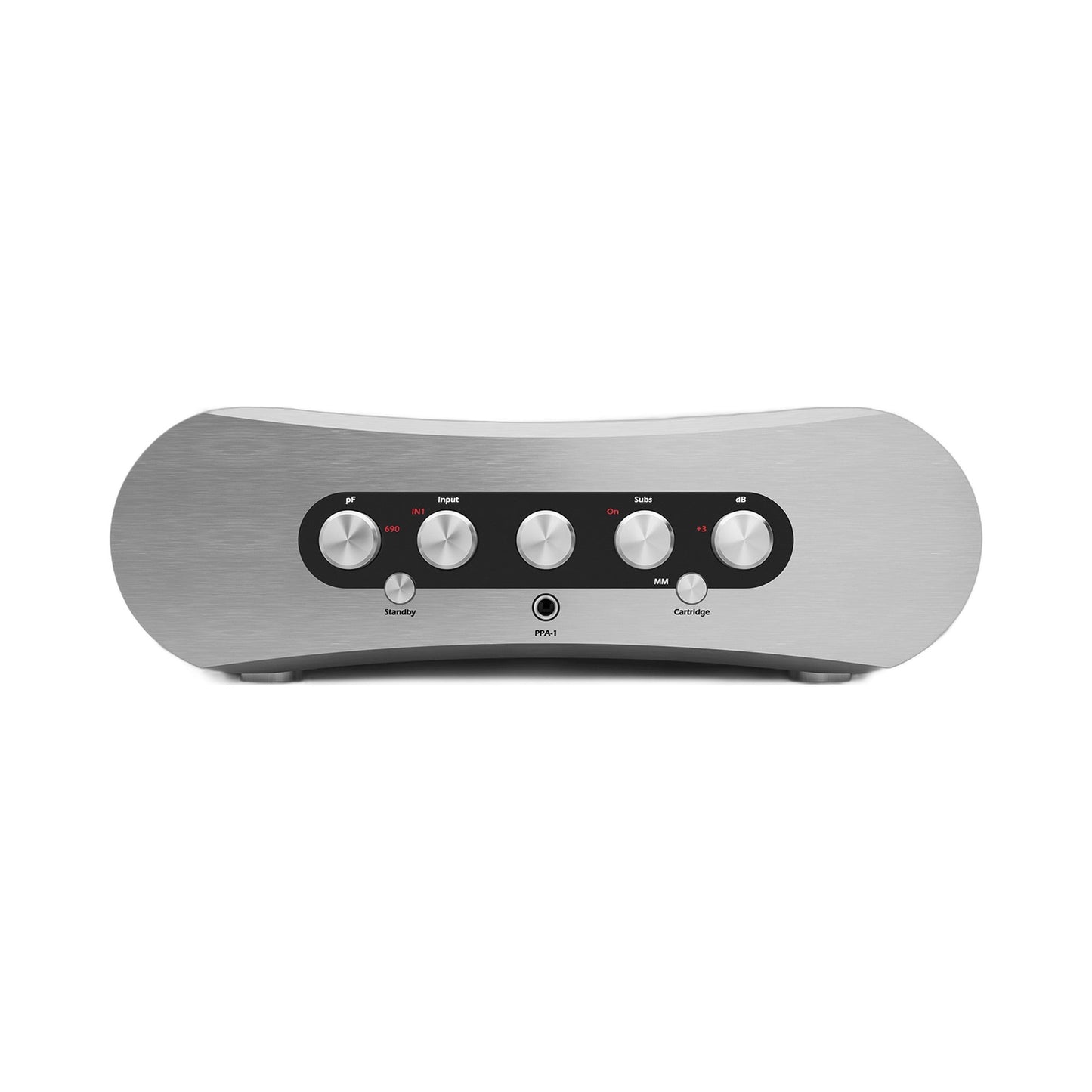 Gato Audio PPA-1 Phono-Vorverstärker Nussbaum Hochglanz Frontansicht mit Aluminiumfront und fünf Drehreglern