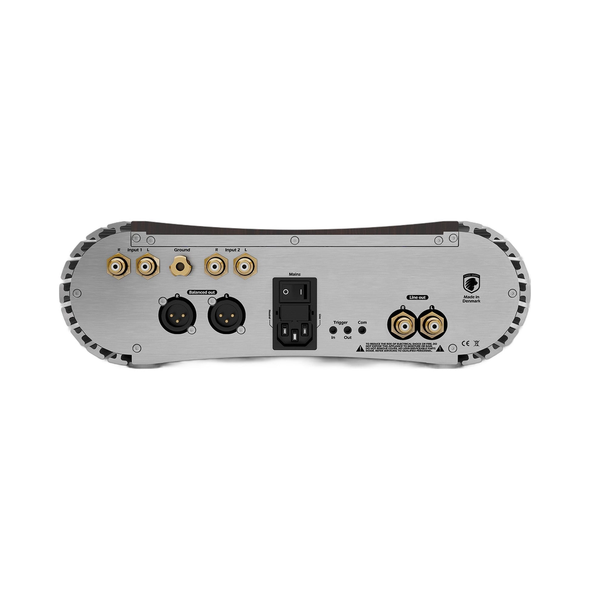 Gato Audio PPA-1 Phono-Vorverstärker Nussbaum Hochglanz Rückansicht mit Cinch-Eingängen, XLR-Ausgängen, Netzanschluss