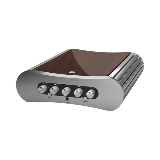 Gato Audio PPA-1 Phono-Vorverstärker Nussbaum Hochglanz Schrägansicht mit Aluminiumfront und Holzdeckel