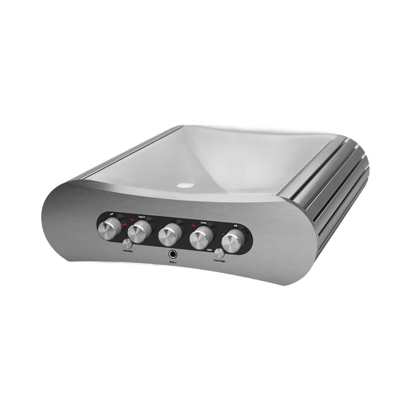 Gato Audio PPA-1 Phono-Vorverstärker Weiss Hochglanz Schrägansicht mit Aluminiumfront und Hochglanzdeckel