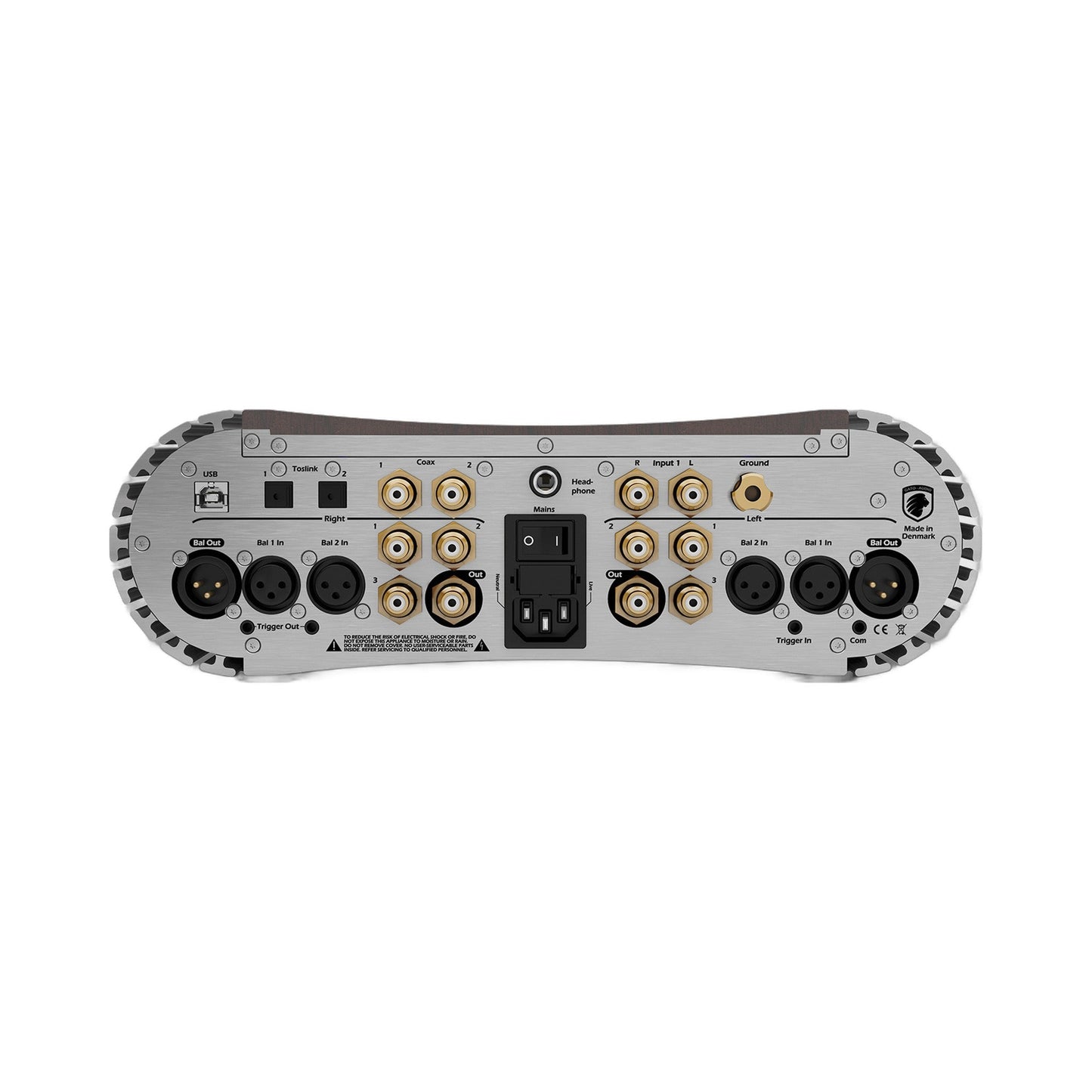 Gato Audio PRE-1 Vorverstärker Nussbaum Hochglanz Anschlussfeld mit ESS-1 DAC und MMC-1 Phonomodul, XLR und Cinch