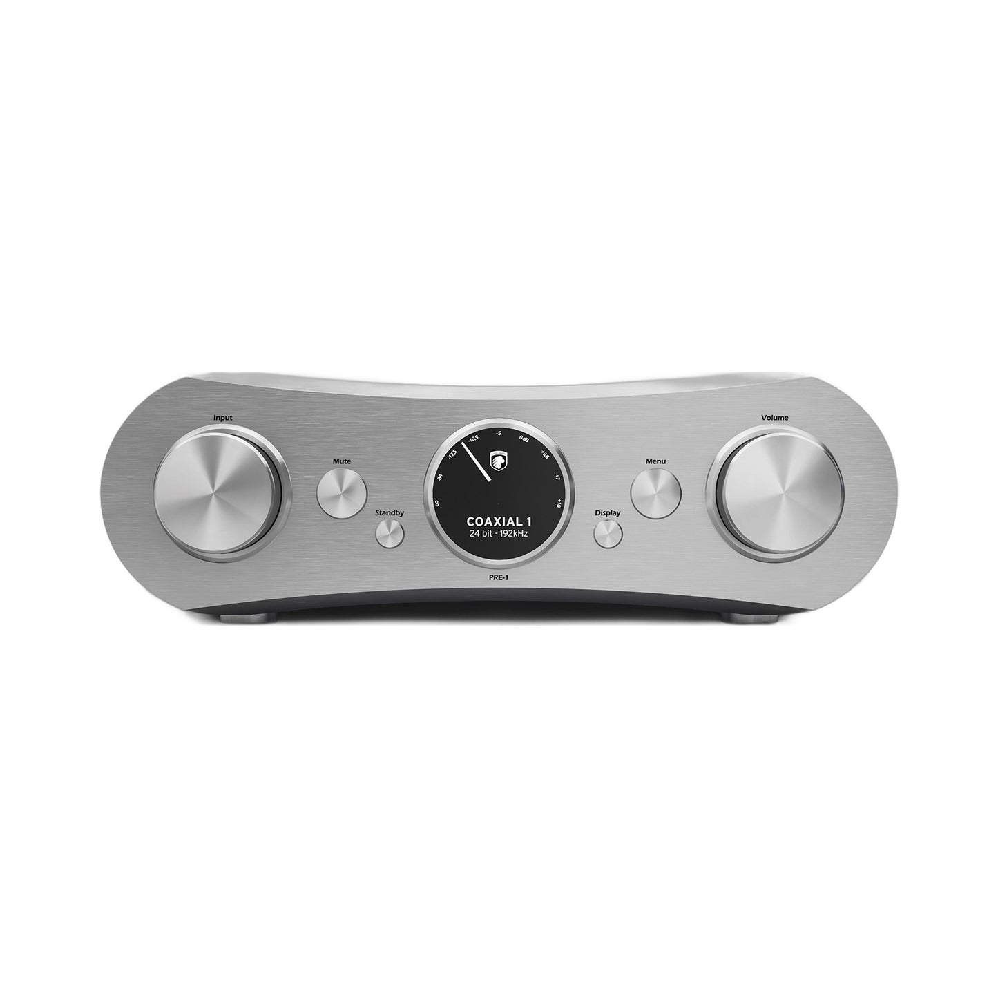 Gato Audio PRE-1 Vorverstärker Schwarz Hochglanz Frontansicht mit Display, Eingangswahl und Lautstärkeregler
