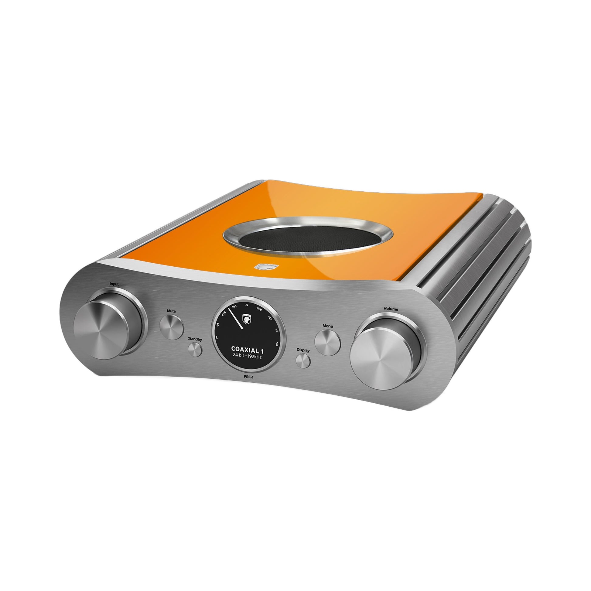 Gato Audio PRE-1 Vorverstärker Wunschfarbe Hochglanz Schrägansicht, Beispiel Orange, Aluminiumfront
