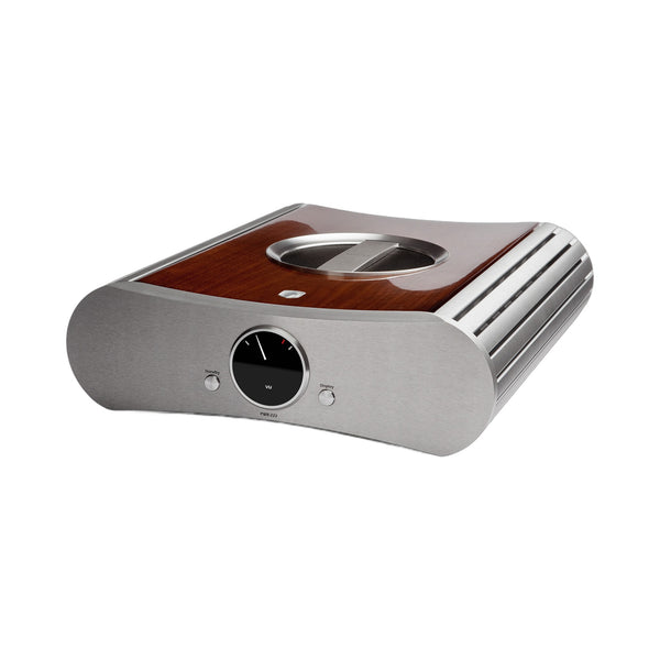 Gato Audio PWR-222 Mono-Endverstärker Nussbaum Hochglanz Schrägansicht mit Aluminiumfront und Hochglanz-Deckplatte