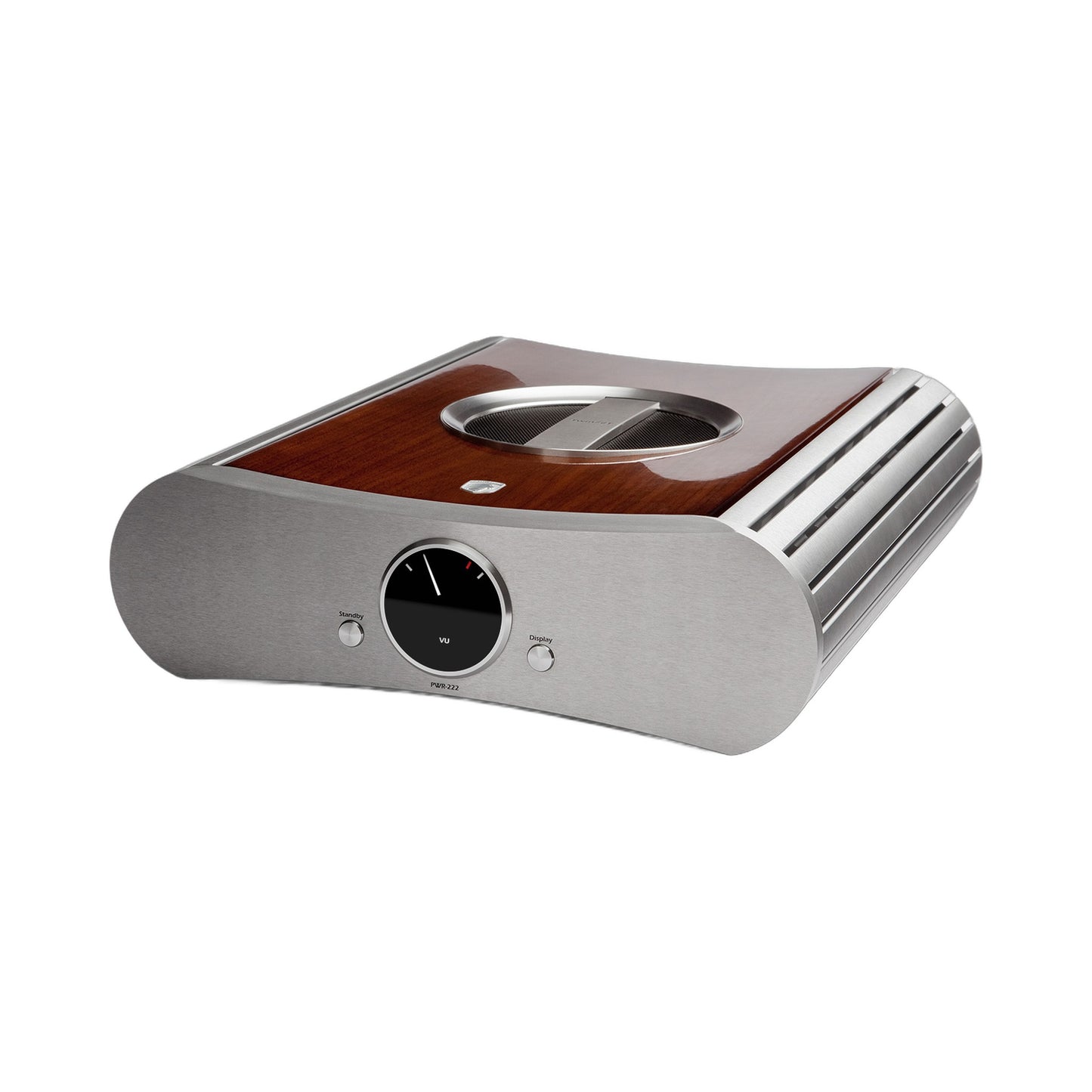 Gato Audio PWR-222 Mono-Endverstärker Nussbaum Hochglanz Schrägansicht mit Aluminiumfront und Hochglanz-Deckplatte