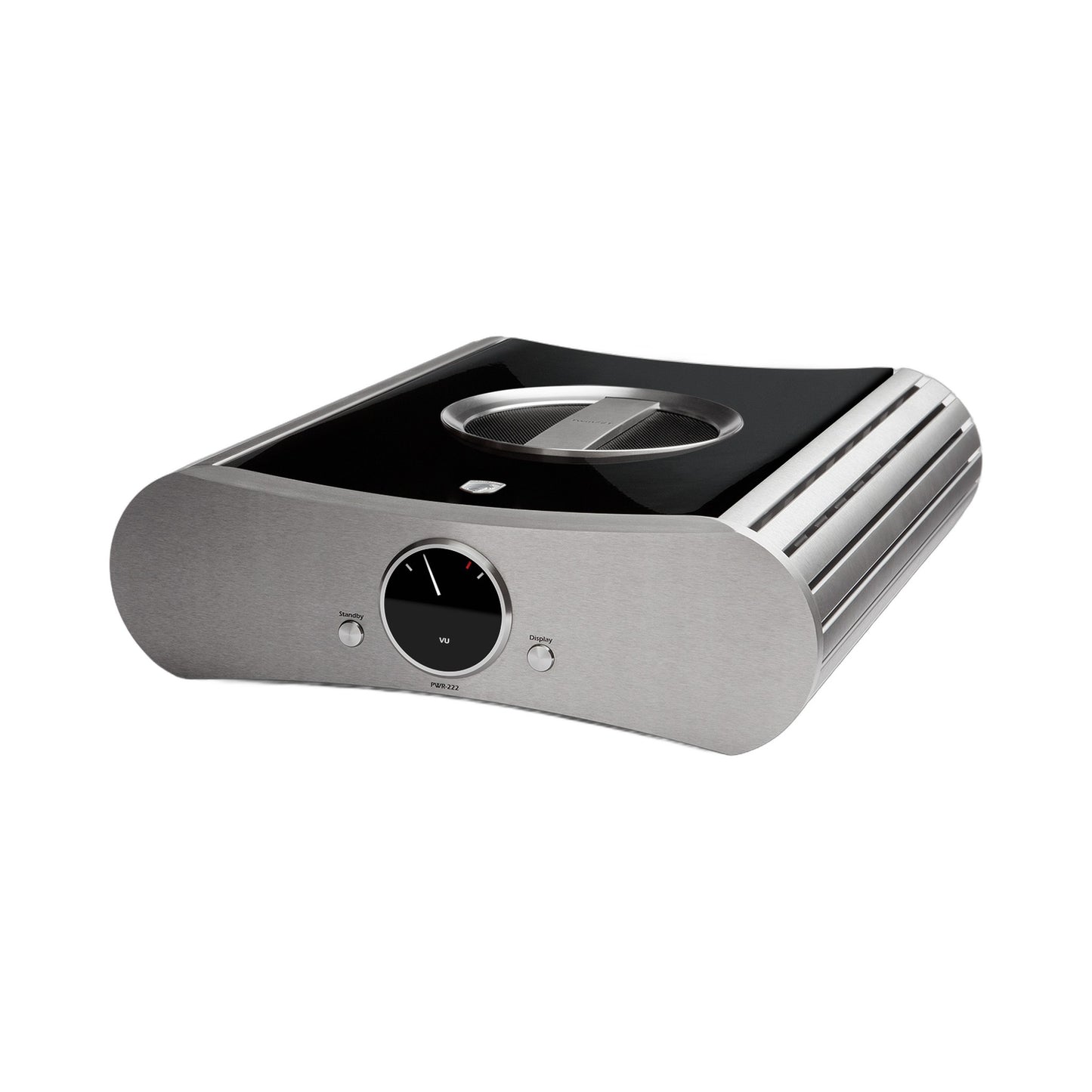 Gato Audio PWR-222 Mono-Endverstärker Schwarz Hochglanz Schrägansicht mit Aluminiumfront und Hochglanz-Deckplatte