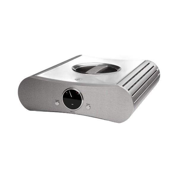 Gato Audio PWR-222 Mono-Endverstärker Weiss Hochglanz Schrägansicht mit Aluminiumfront und Hochglanz-Deckplatte