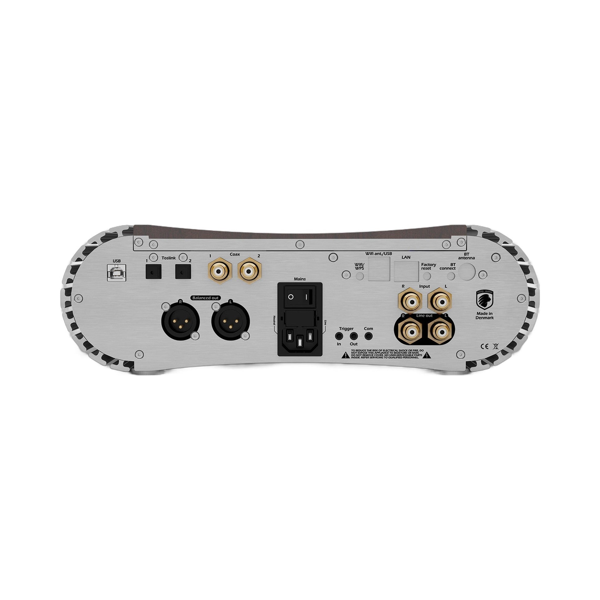 Gato Audio SDA-1 DAC & Kopfhörerverstärker Nussbaum Hochglanz Rückansicht mit USB, Toslink, Coax, XLR und Cinch