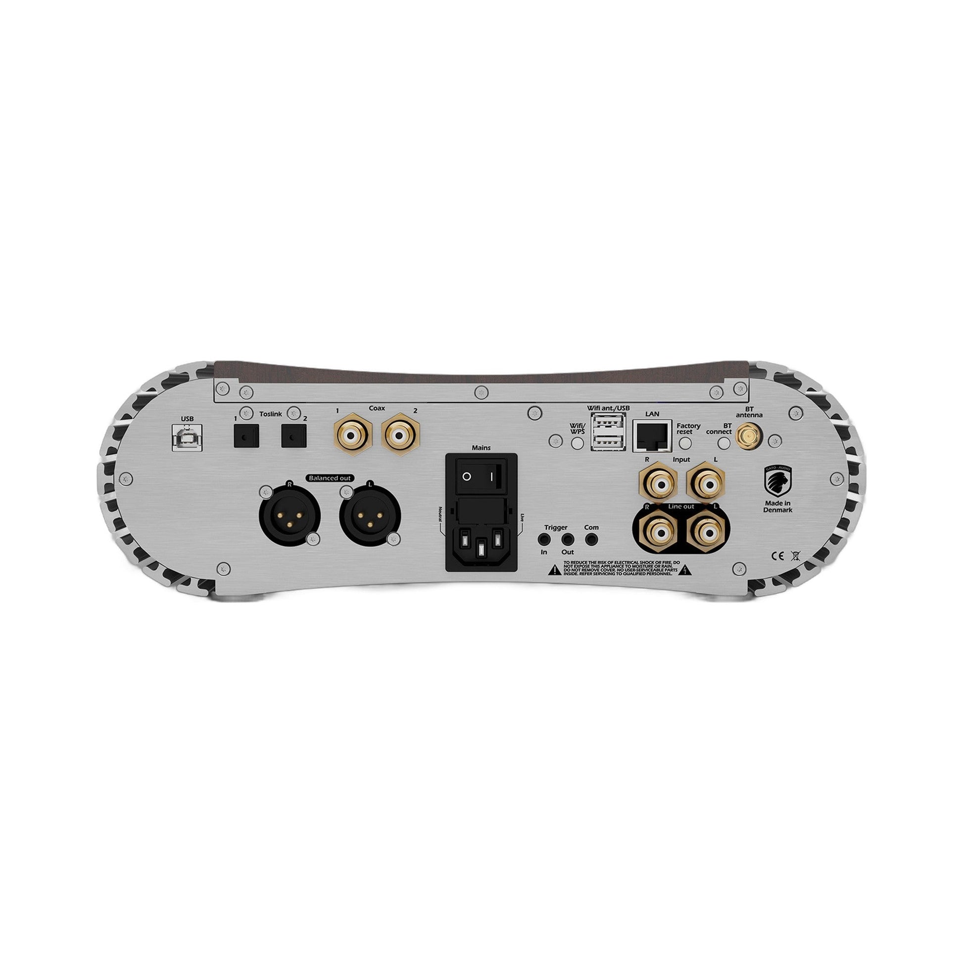 Gato Audio SDA-1 NPM DAC & Netzwerkplayer Nussbaum Hochglanz Rückansicht mit USB, LAN, Bluetooth-Antenne, XLR und Cinch