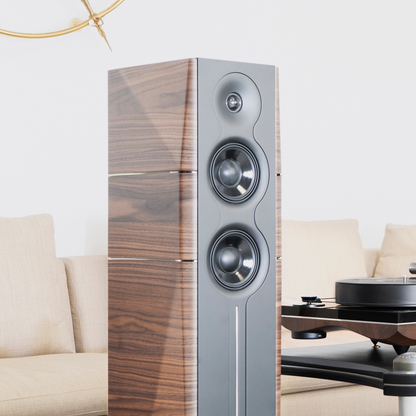 Gold Note A6 EVO II Standlautsprecher Nussbaum matt Lifestyle im Wohnraum neben Plattenspieler