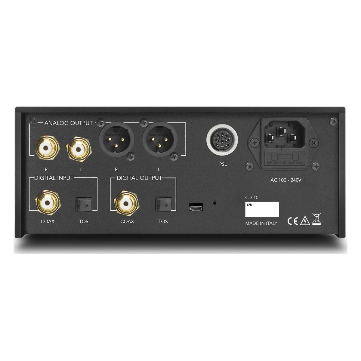 Gold Note CD-10 CD-Player Rückansicht in Gold, mit Analog- und Digitalanschlüssen
