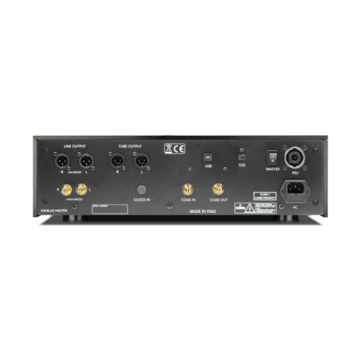 Gold Note CD-1000 MKII Deluxe DSD CD-Player Rückansicht in Gold, mit XLR-, Cinch- und USB-Anschlüssen