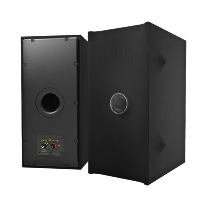 Gold Note Diana II Regallautsprecher Schwarz Schrägansicht mit Hochtöner-Phaser, daneben Rückseite mit Terminal