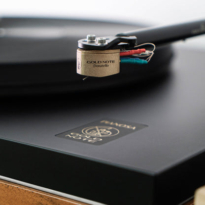 Gold Note Donatello Gold MC-Tonabnehmer Detailansicht, montiert am Tonarm mit Anschlusskabeln