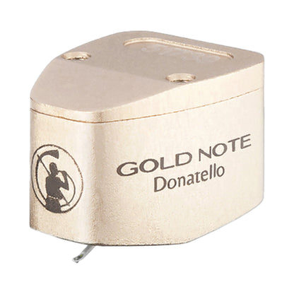 Gold Note Donatello Gold MC-Tonabnehmer Schrägansicht, goldenes Gehäuse mit Nadelträger