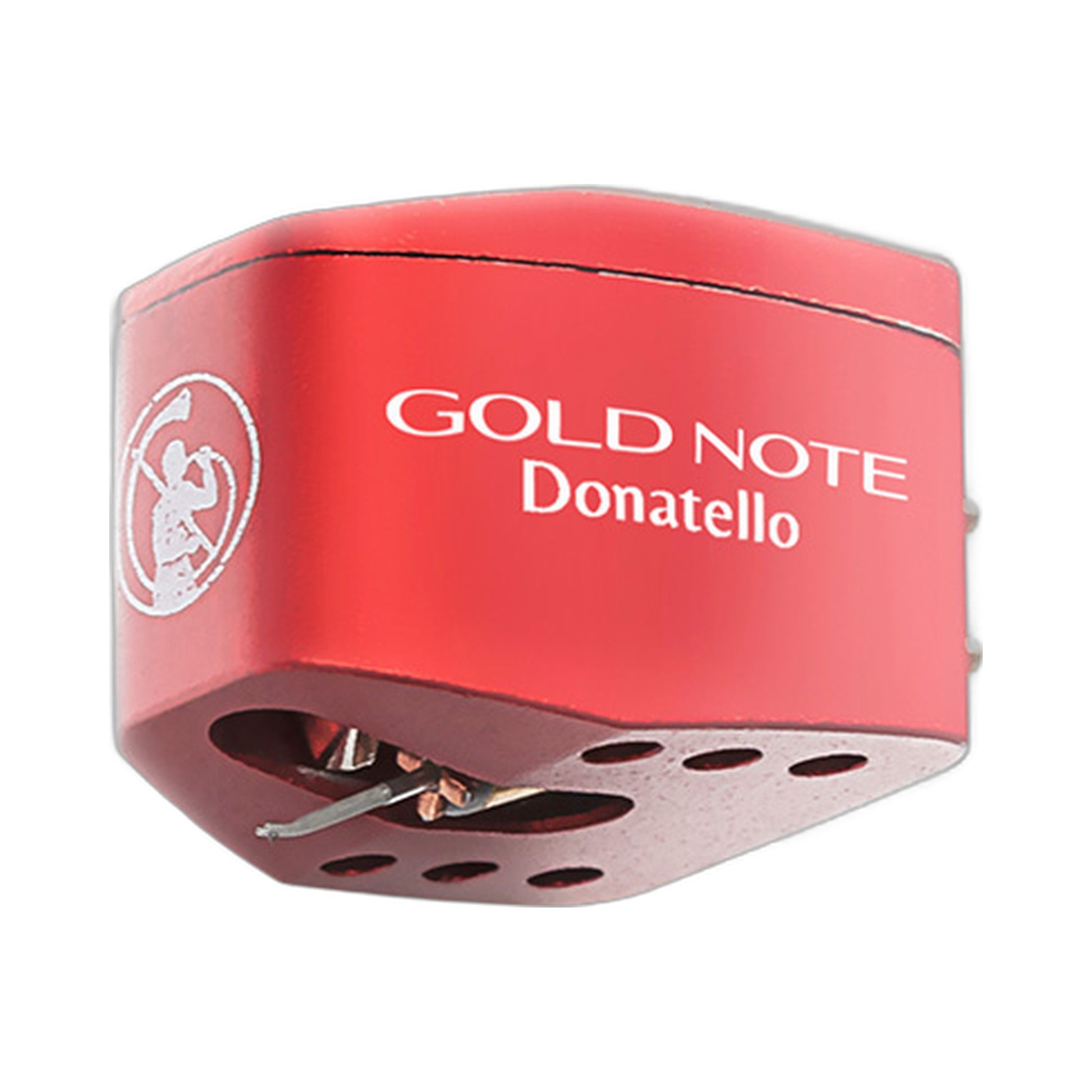 Gold Note Donatello Red MC-Tonabnehmer Schrägansicht, rotes Gehäuse mit Unterseite und Nadelträger