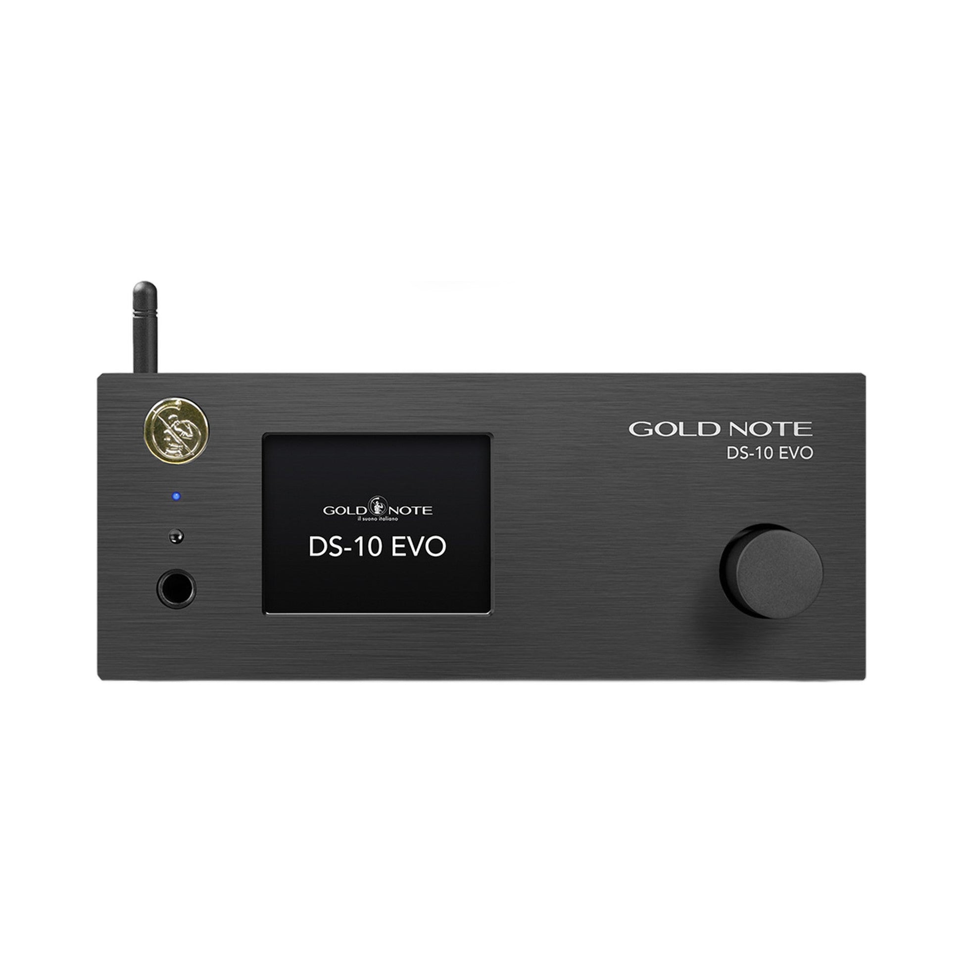 Gold Note DS-10 EVO Line Streaming-DAC Frontansicht in Schwarz, Farbdisplay, Kopfhörerausgang und Lautstärkeregler