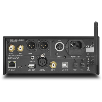 Gold Note DS-10 EVO Line Streaming-DAC Anschlussfeld in Schwarz mit Netzeingang, PSU-Buchse und WLAN-Antenne