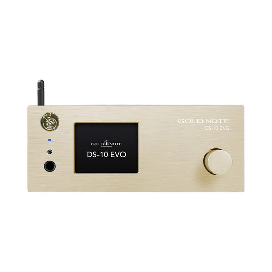 Gold Note DS-10 EVO Streaming-DAC Frontansicht in Gold, Farbdisplay, Kopfhörerausgang und Lautstärkeregler