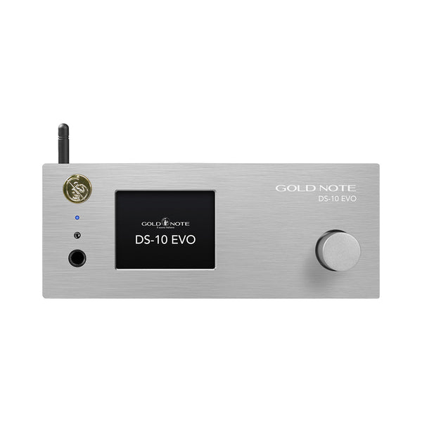 Gold Note DS-10 EVO Streaming-DAC Frontansicht in Silber, Farbdisplay, Kopfhörerausgang und Lautstärkeregler