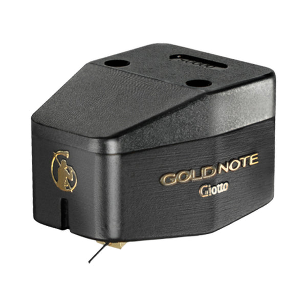 Gold Note Giotto MC-Tonabnehmer Schrägansicht mit schwarzem Gehäuse und Nadelträger
