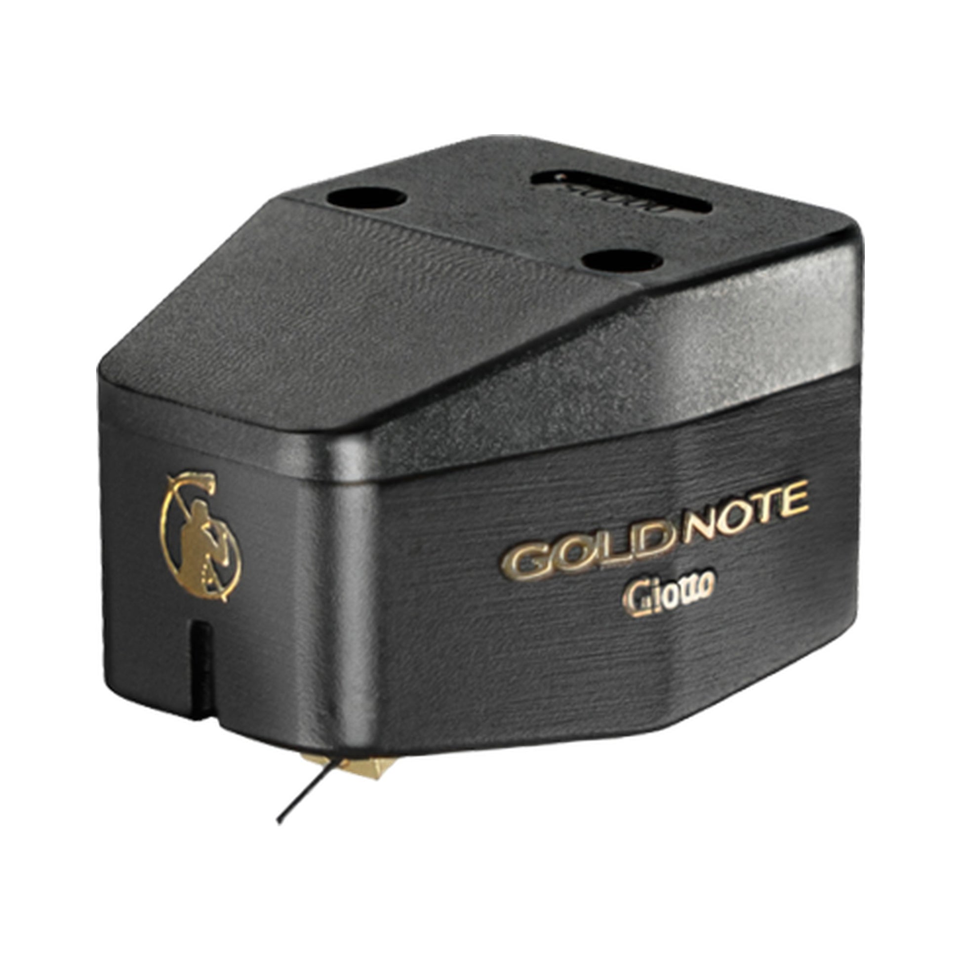 Gold Note Giotto MC-Tonabnehmer Schrägansicht mit schwarzem Gehäuse und Nadelträger