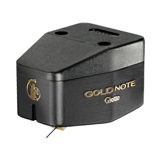 Gold Note Giotto MC-Tonabnehmer Schrägansicht mit schwarzem Gehäuse und Nadelträger