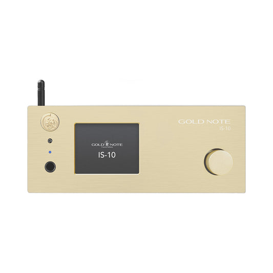 Gold Note IS-10 Streaming-Vollverstärker Gold Frontansicht mit Display und Lautstärkeregler