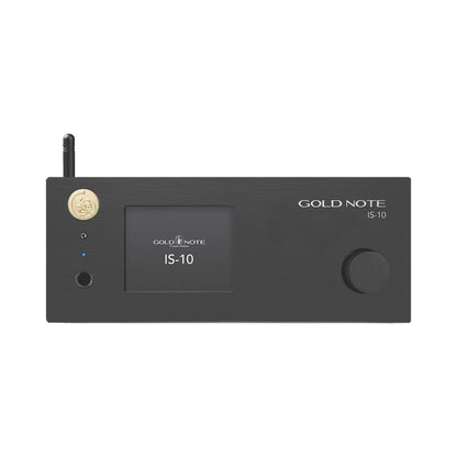 Gold Note IS-10 Streaming-Vollverstärker Schwarz Frontansicht mit Display und Lautstärkeregler