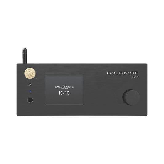 Gold Note IS-10 Streaming-Vollverstärker Schwarz Frontansicht mit Display und Lautstärkeregler