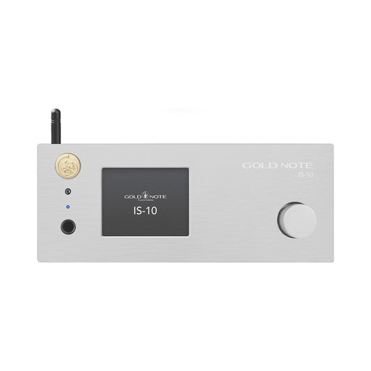 Gold Note IS-10 Streaming-Vollverstärker Silber Frontansicht mit Display und Lautstärkeregler