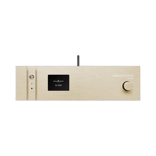 Gold Note IS-1000 MKII Deluxe Vollverstärker Gold Frontansicht mit Display und Lautstärkeregler