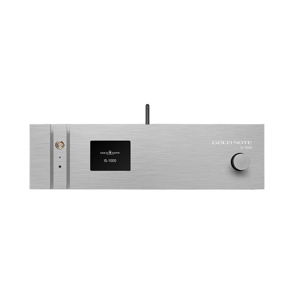 Gold Note IS-1000 MKII Deluxe Vollverstärker Silber Frontansicht mit Display und Lautstärkeregler