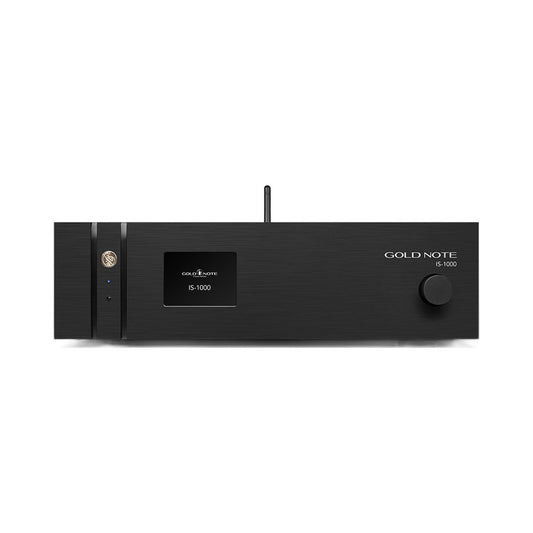 Gold Note IS-1000 MKII Line Vollverstärker Schwarz Frontansicht mit Display und Lautstärkeregler