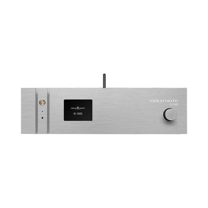 Gold Note IS-1000 MKII Line Vollverstärker Silber Frontansicht mit Display und Lautstärkeregler