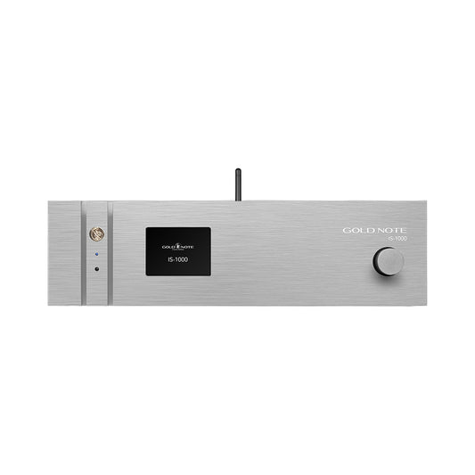 Gold Note IS-1000 MKII Line Vollverstärker Silber Frontansicht mit Display und Lautstärkeregler