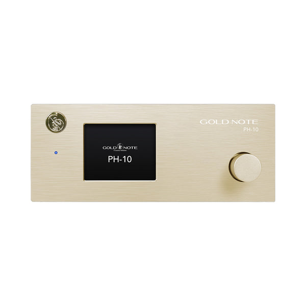 Gold Note PH-10 Phono-Vorverstärker Gold Frontansicht mit Farbdisplay und Bedienknopf